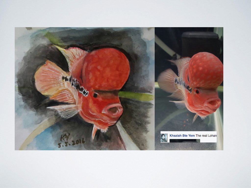This is a painting of the Lohan fish i did using watercolor. This fish became a phenomenon in Singapore some time ago. It was long forgotten but this fish is still in existence in my sister's home. Long live Lohan.